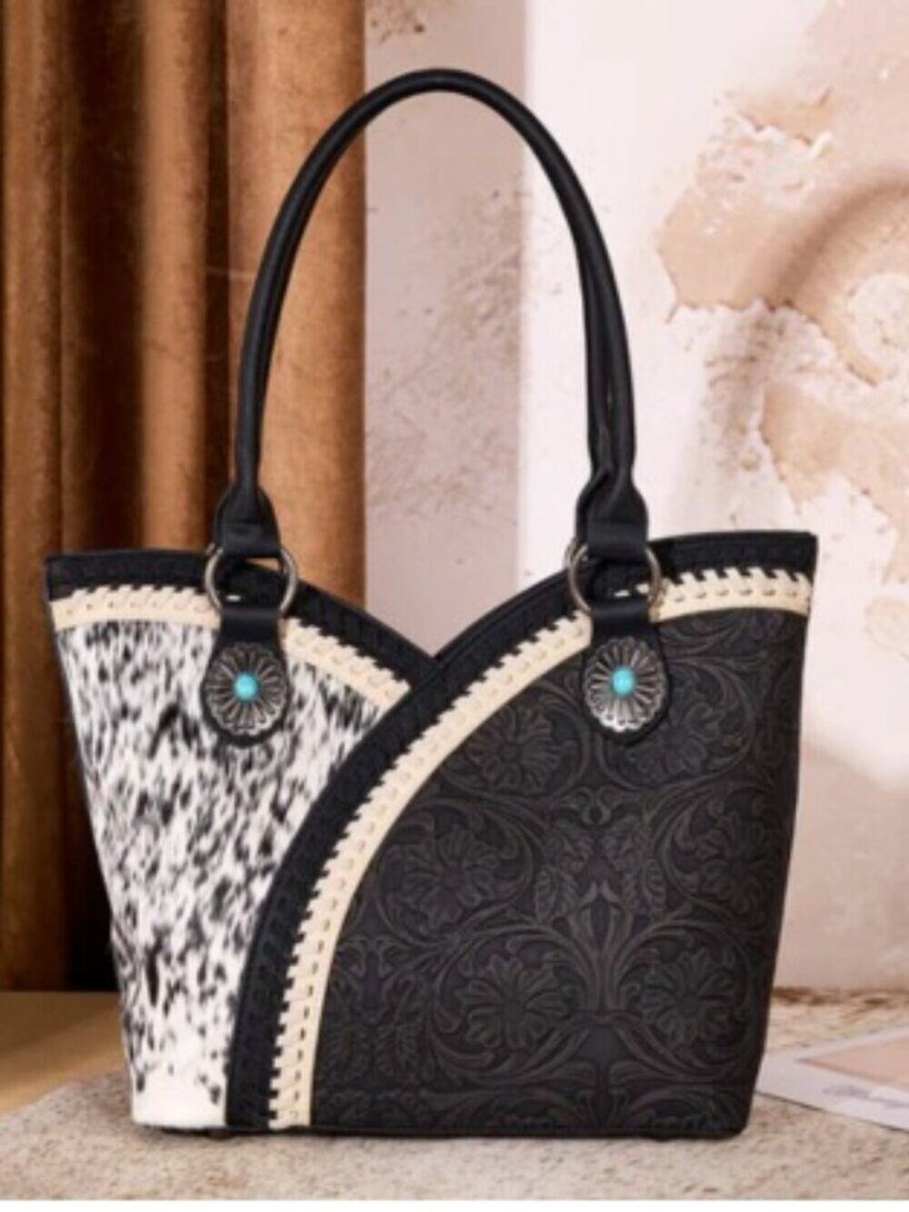 Montana West Cowhide Floral Tooled Whipstitch Tote Bag, NWT